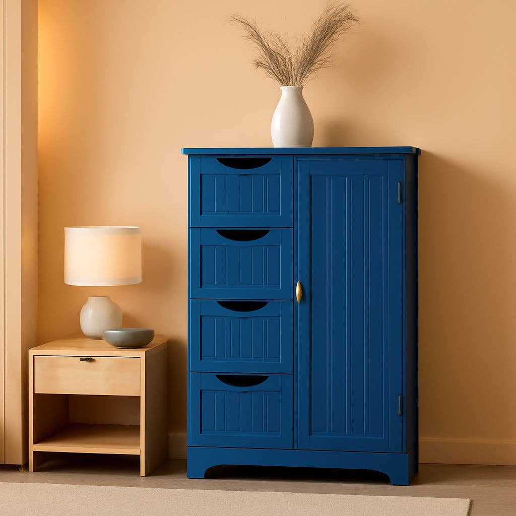 Navy Blue Wooden Bathroom Floor Cabinet With 4 Drawers And Cupboard for wholesale on Faire0