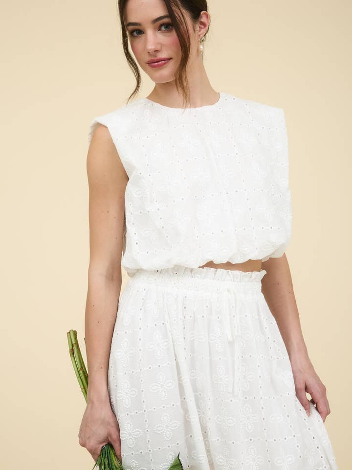 WHITE EYELET RUFFLE DETAIL MIDI SKIRT for wholesale on Faire