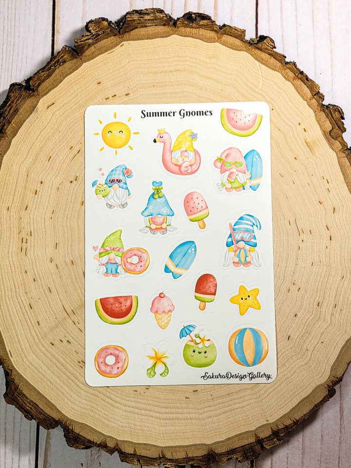 Summer Gnome Sticker Sheet - Planner and Journal Stickers for wholesale by Sakura Design Gallery