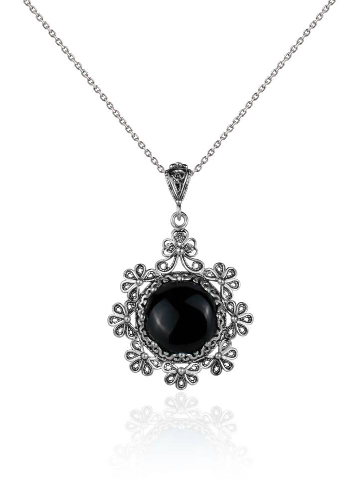 Sterling Silver Filigree Art Black Onyx Gemstone Women Floral Pendant Necklace for wholesale by Filigranist Jewelry