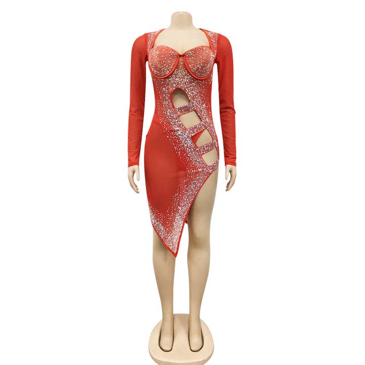 Western Fashion - Wholesale Dress - Women's - 7187 Rhinestone Mesh Dress with Side Cutout2