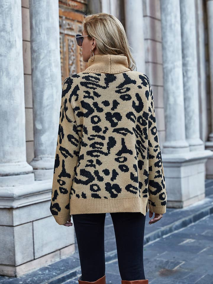 Lily Clothing - Wholesale Knit Sweater - Women's - LEOPARD PRINT SWEATER LOOSE TURTLENECK SWEATER