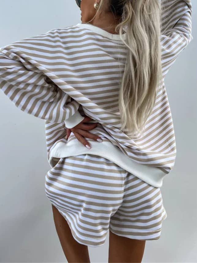 Rosa Clothing - Wholesale Top & Short Set (NOT Loungewear) - Women's - Striped V-Neck Oversized Sweatshirt Shorts Set