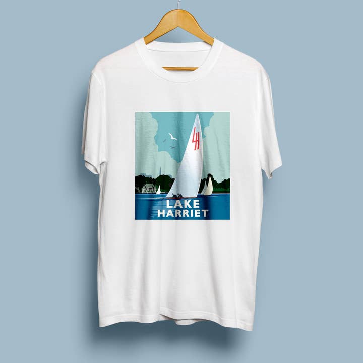 Landmark MN | Lake Harriet Sail on White Unisex T-Shirt for wholesale by Legendary Landmark Art Prints