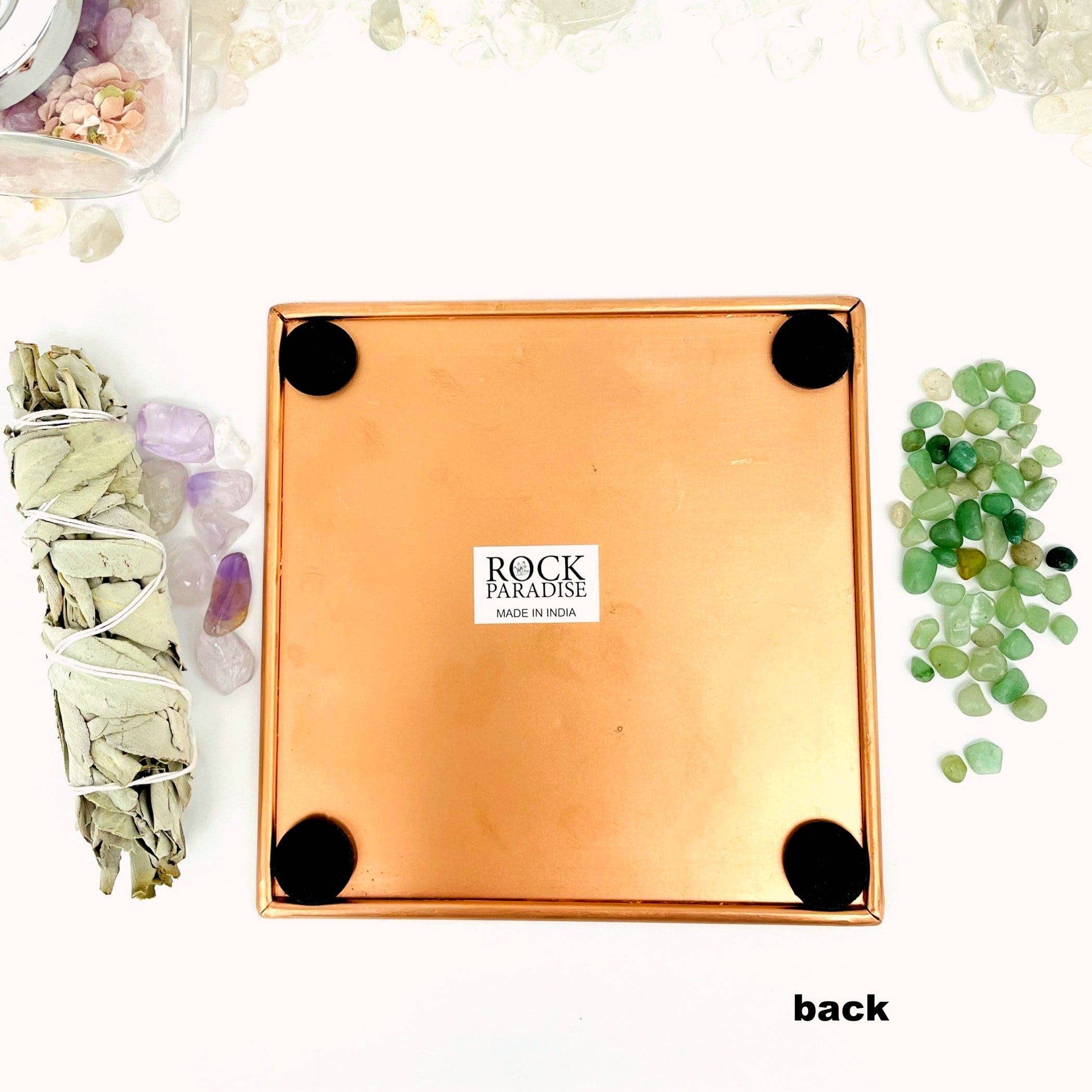 Rock Paradise – wholesale Decorative plate/dish/bowl – Crystal Copper Square Dish with Engraved Flower of Life Grid2