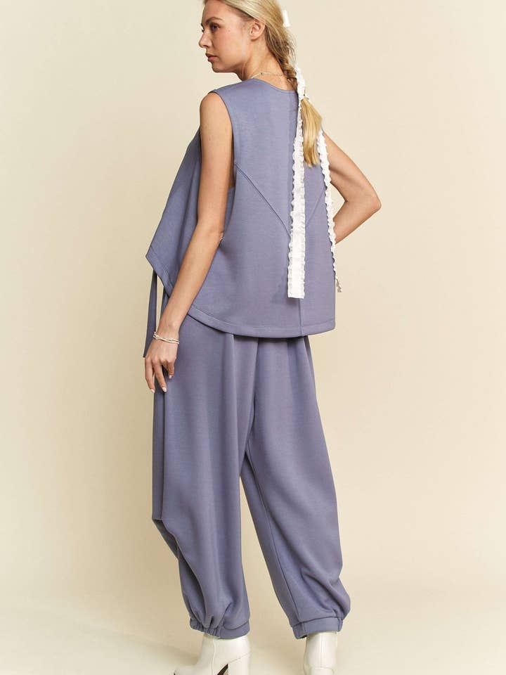 Davi & Dani - Wholesale Pants - Women's - SOLID CREW NECK CINCH TIE TOP WAISTBAND PANTS SET5
