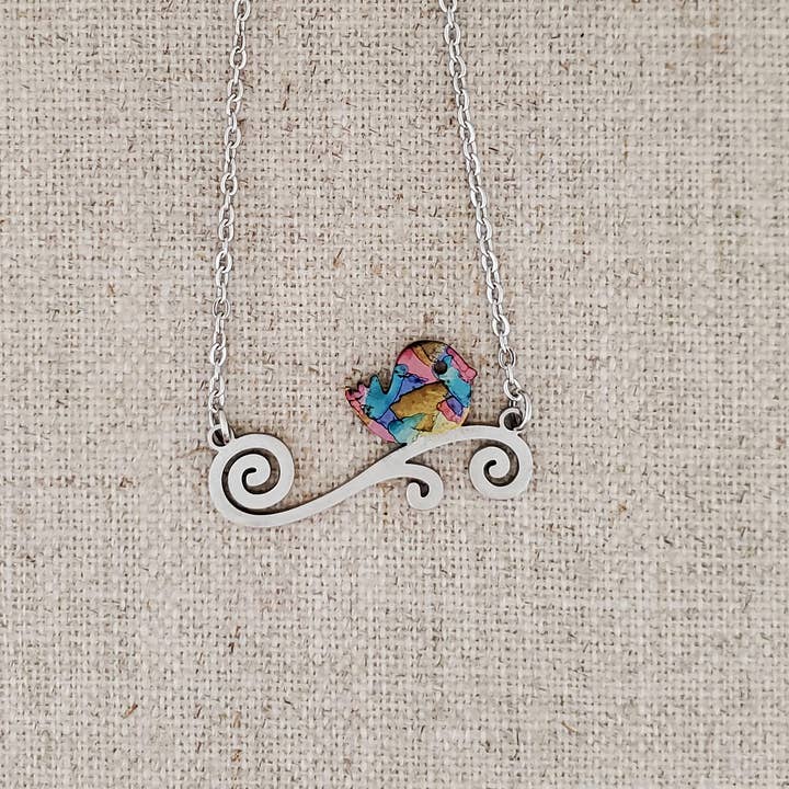 Alcohol Ink Stainless Steel Small Bird Necklace for wholesale by Covaly Artisan Jewelry
