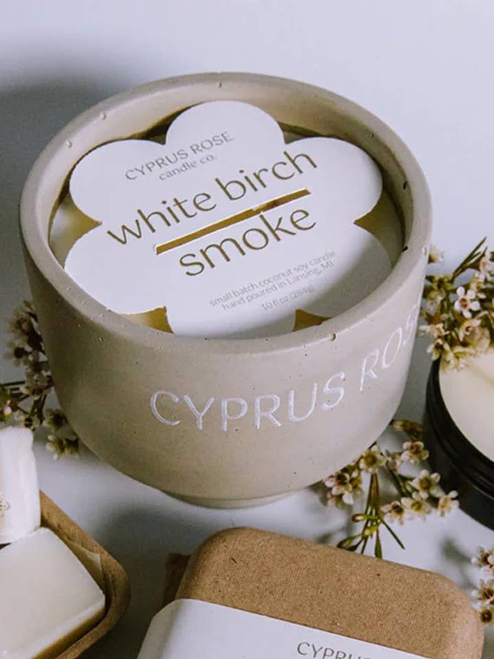 White Birch Smoke Coconut-Soy Candle - 10oz Concrete Jar for wholesale by Cyprus Rose Candle Co.