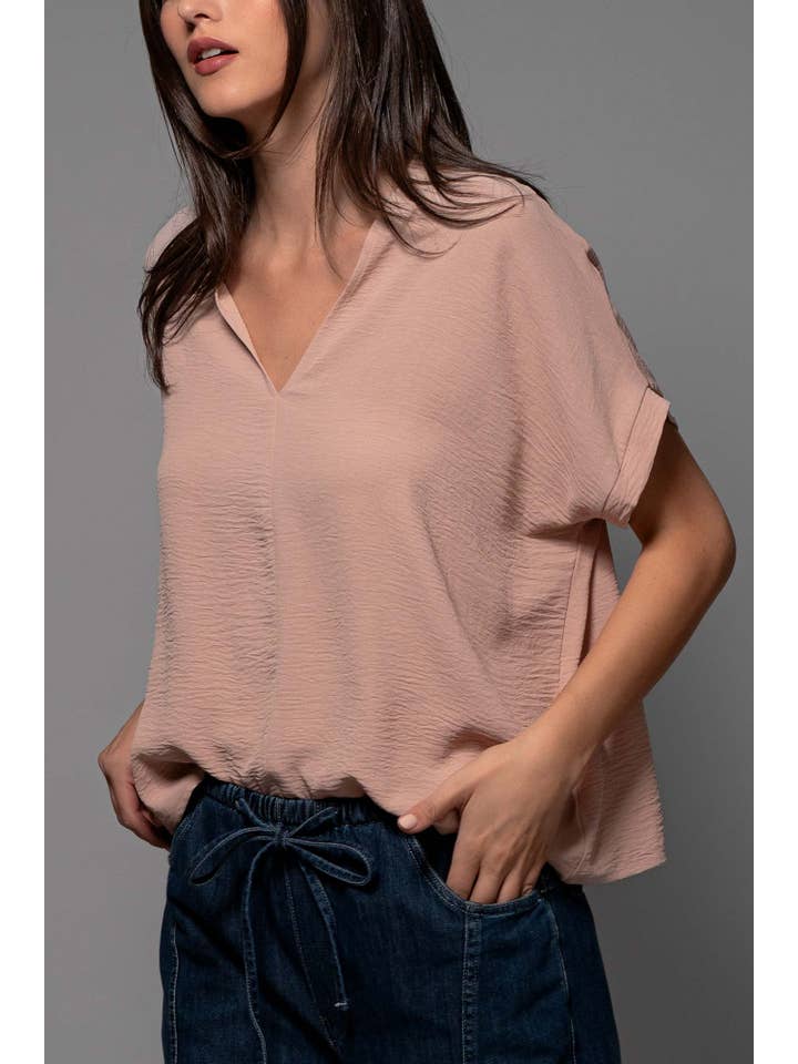Urban Daizy - Wholesale Blouse - Women's - Relaxed V-Neck Top with Folded Sleeves