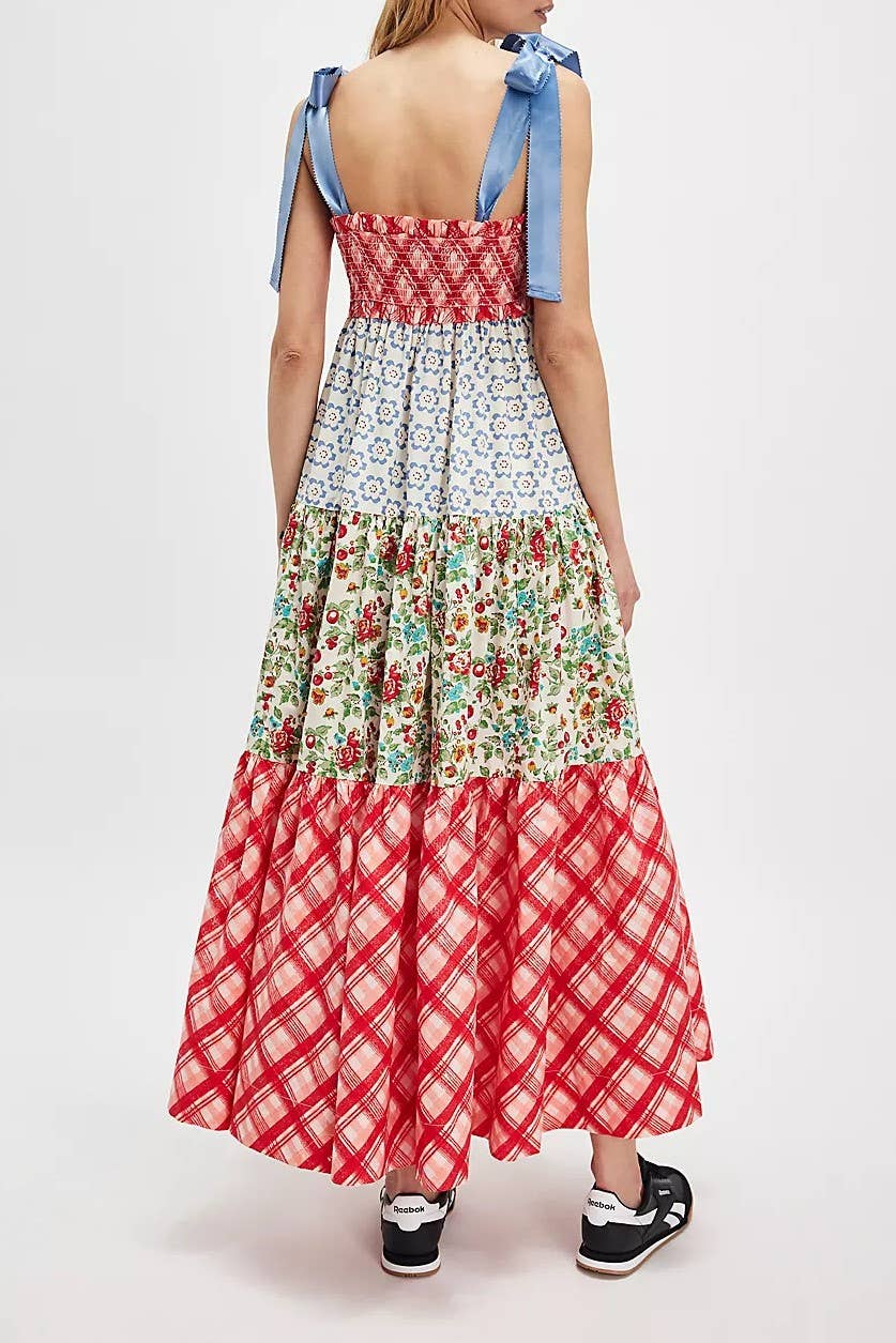 Rosa Clothing - Wholesale Dress - Women's - Gingham Floral patchwork playful bow strap tiered maxi dress11