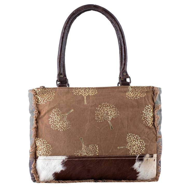 Canvas Leather Gold Tree Women's Small Tote - Brown for wholesale by Sixtease Bags USA