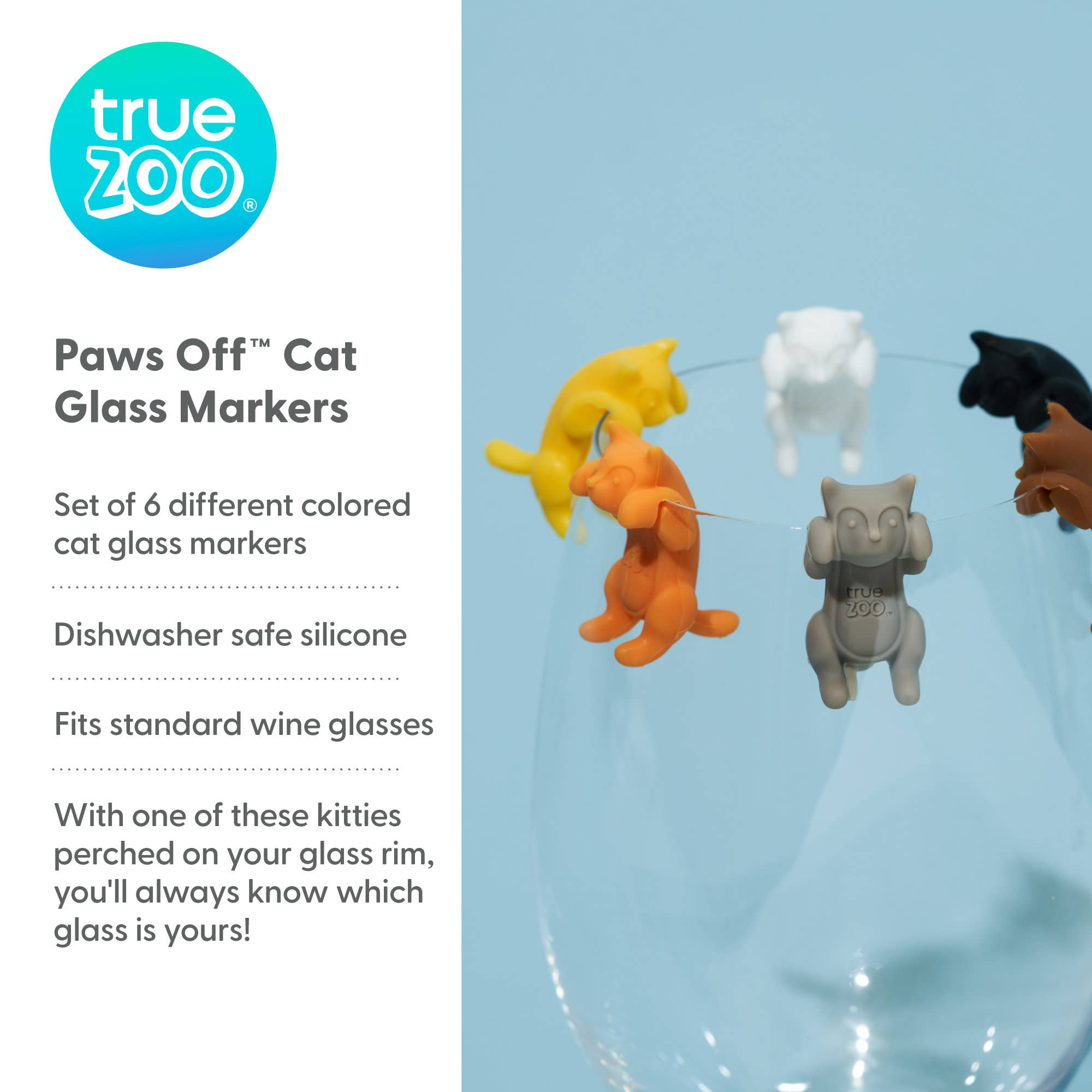 TRUE - Wholesale Wine/Cocktail Glass Markers - TrueZoo Paws Off Silicone Cat Beverage Markers Set of 64