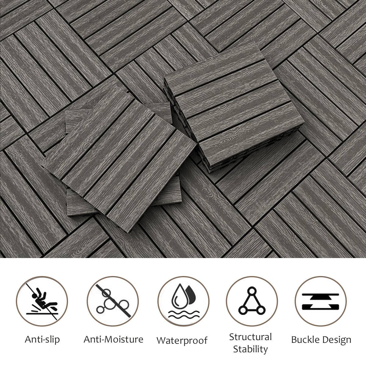 Orange County Decor - Wholesale Outdoor Ornament/Decor - Wood Plastic Composite Deck Tiles Set Of 20Pcs, Diy Interlocking Decking Tiles, Floor Tile, Durable, Maintenance, Waterproof, Indoor Outdoor, 12X12In Dark Grey Dark Grey Modern Plastic Wood Plastic4
