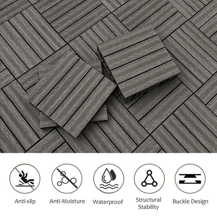 Orange County Decor - Wholesale Outdoor Ornament/Decor - Wood Plastic Composite Deck Tiles Set Of 20Pcs, Diy Interlocking Decking Tiles, Floor Tile, Durable, Maintenance, Waterproof, Indoor Outdoor, 12X12In Dark Grey Dark Grey Modern Plastic Wood Plastic4