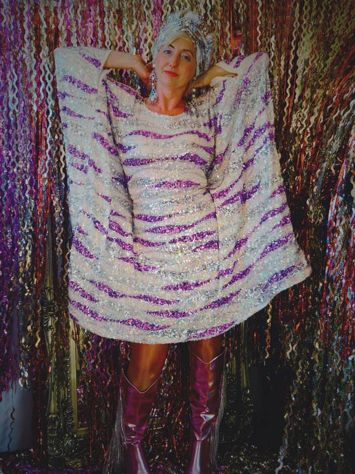 Purple, Silver, and White Wave Mini Dress Kaftan for wholesale by Fumbalinas