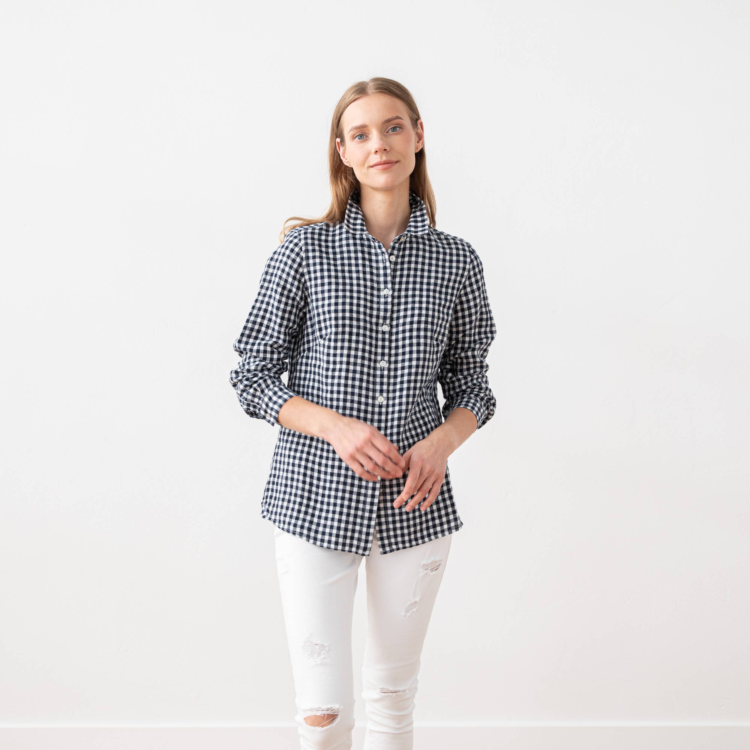 LinenMe - Vente Chemise à col boutonné – femme - Chemise en lin bleu marine à carreaux Ernesto1