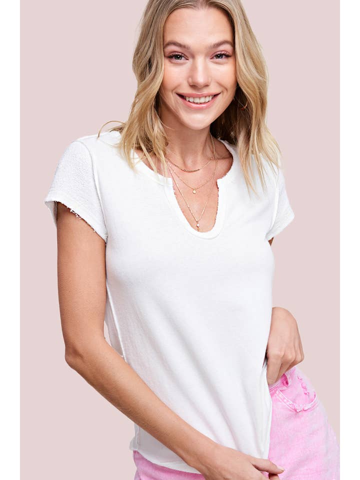 La Miel - Wholesale Knit Top - Women's - JBT7655-Textured Soft Terry Fabric Raw Edge Short Sleeve Top