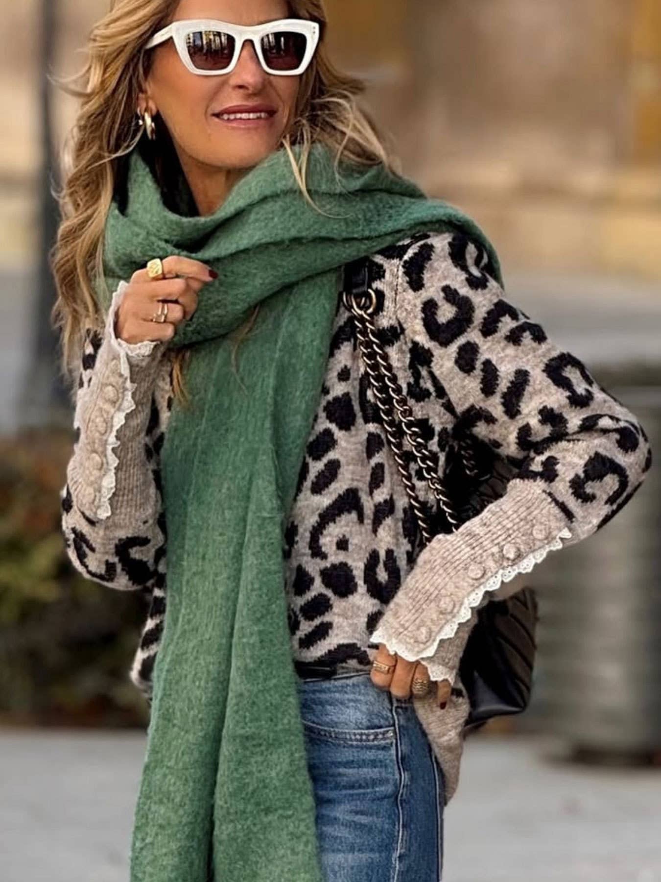 KHAKI Lace-trimmed round-neck leopard print sweater for wholesale on Faire2