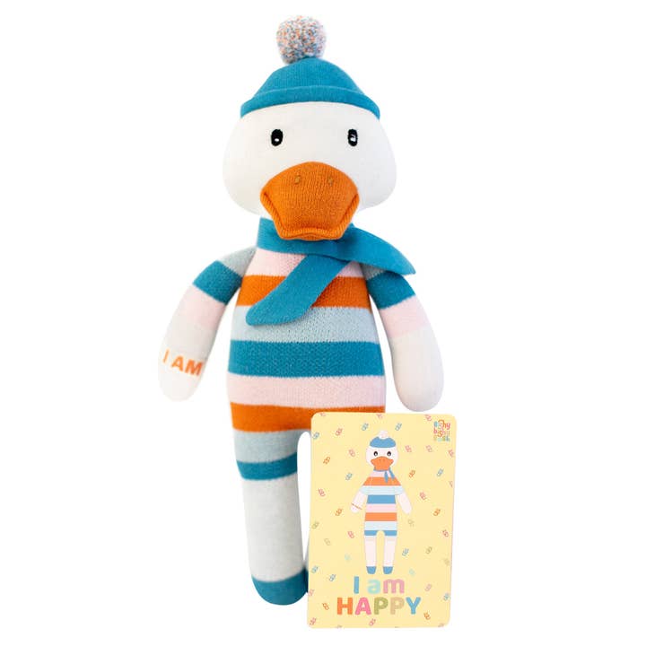 Strickpuppe GOOEY the Duck aus Baumwolle (mit Affirmationskarten) für den Großhandel von Bishy Bishy Bash