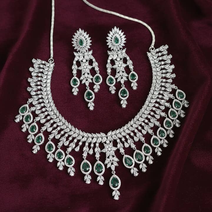 Green Emerald Bridal Necklace Set with Earrings | Vinni’s Jewelry for wholesale on Faire