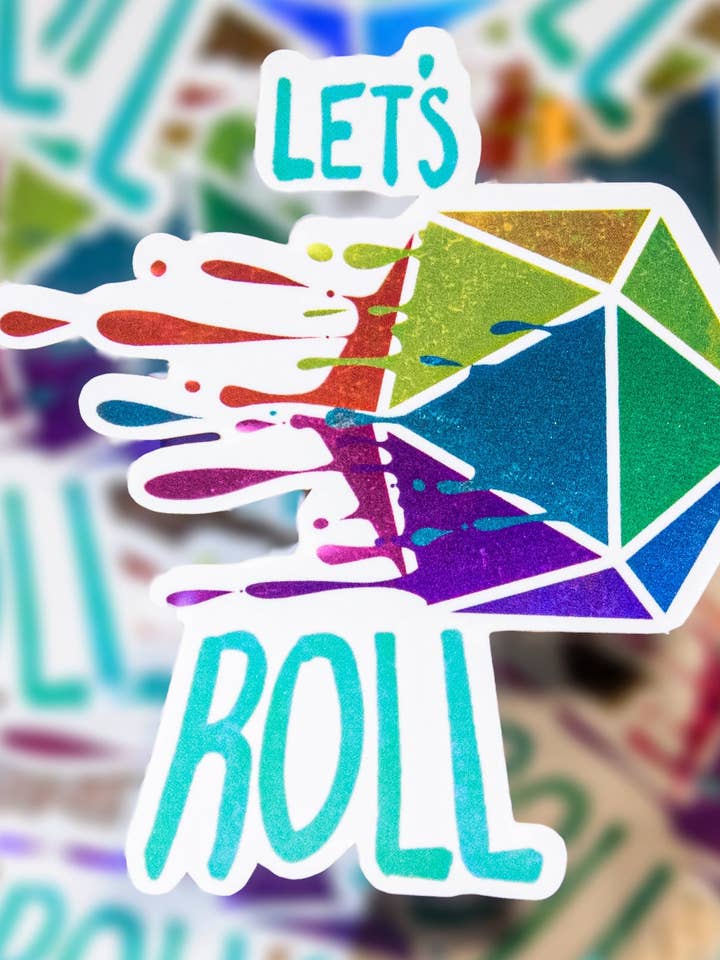 Holographic 'Let's Roll' D20 Sticker for wholesale by Color Spray Creations