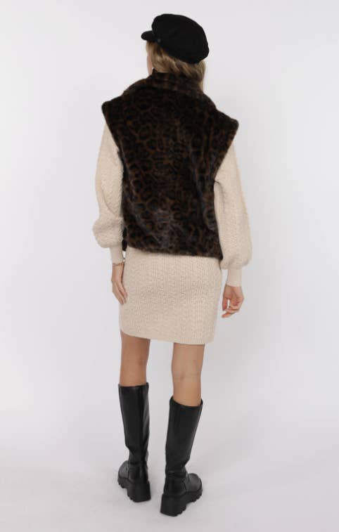 Sage The Label - Vente Pull sans manches – femme - Gilet surdimensionné en fausse fourrure léopard Waverly : MARRON NOIR8