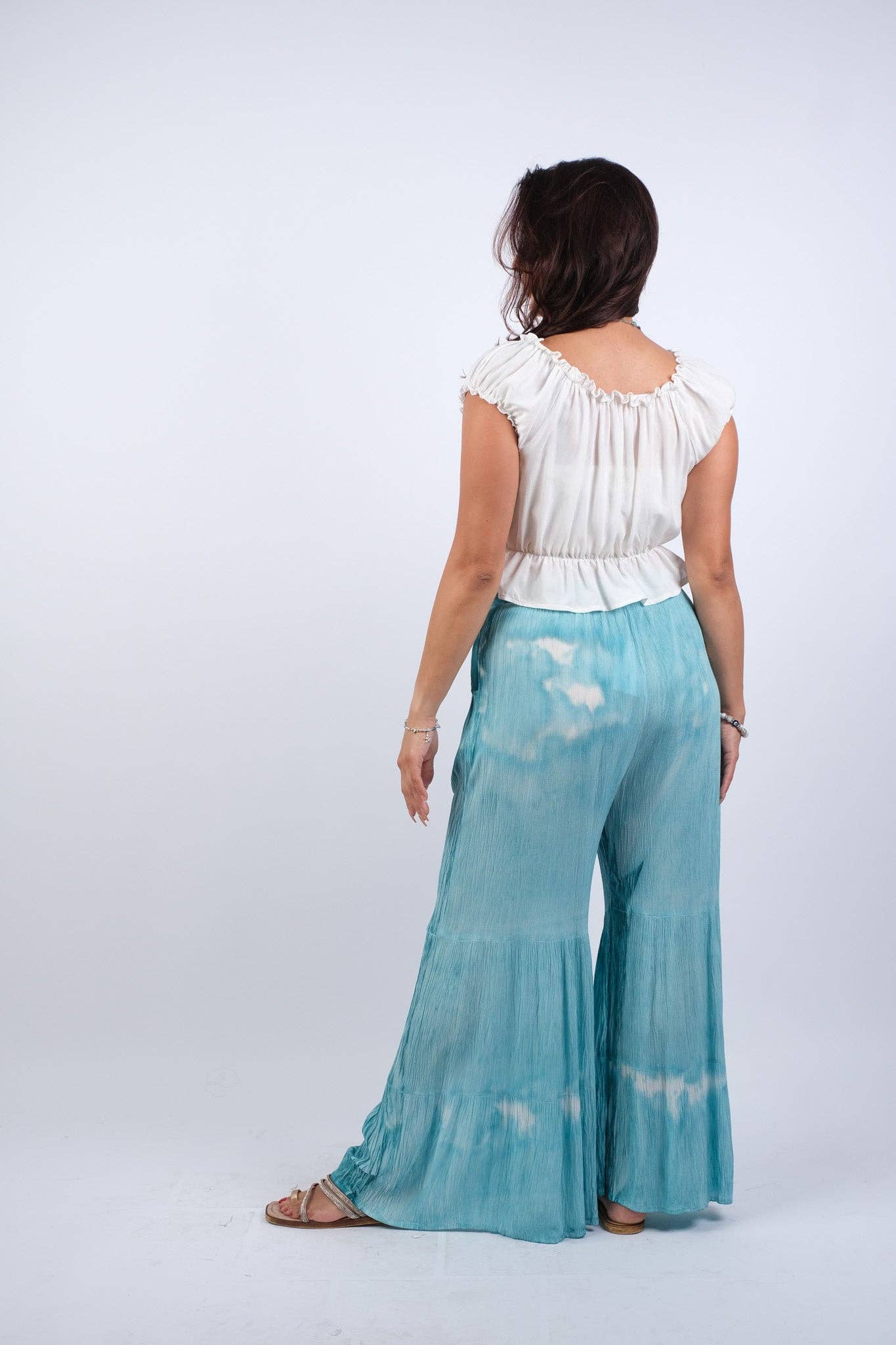 Sacred Threads - Vendita all'ingrosso Pantalone - Donna - Pantaloni Hippie Svasati con Stampa a Blocchi Azzurro Cielo3