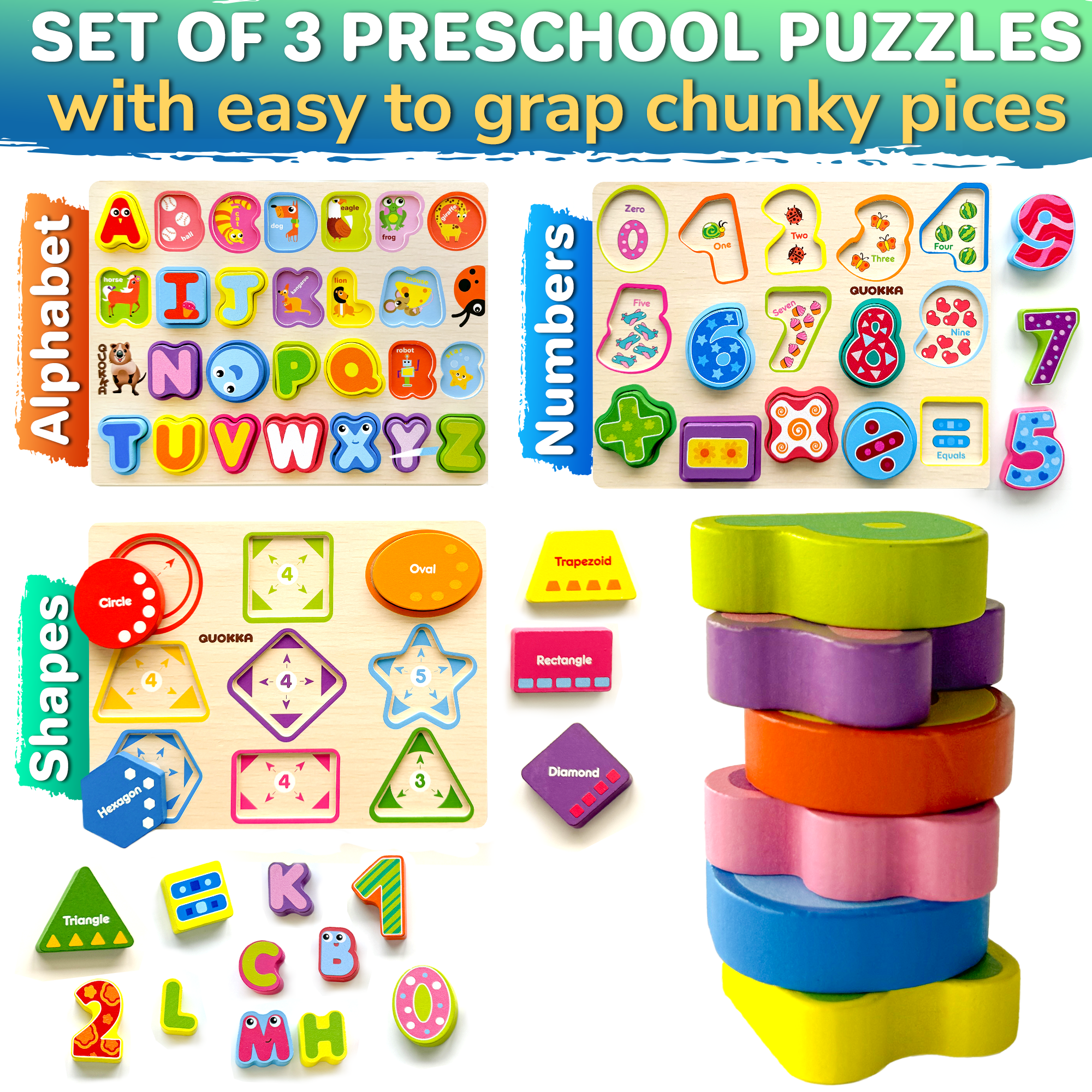 QUOKKA - Wholesale Puzzle - Kids - Montessori Chunky Wooden Puzzles | 3xSET1