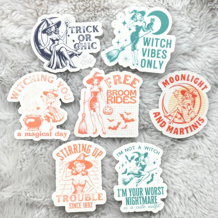 Witchy Retro Woman Halloween Sticker Pack for wholesale by Made Groovy Store