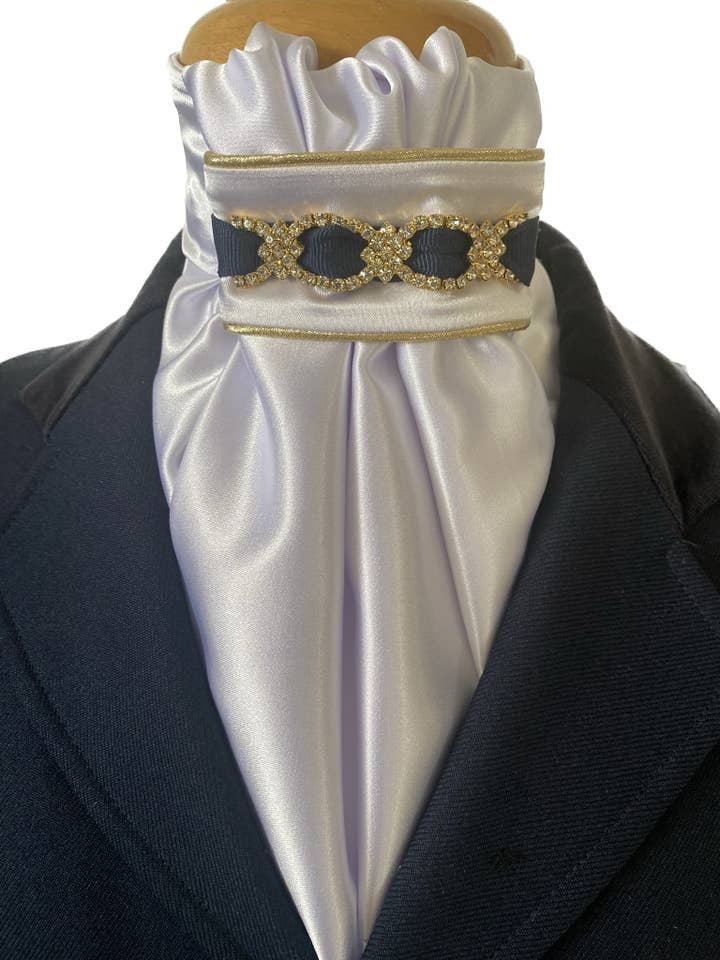 HHD Dressage Euro Stock Tie ‘Emily’ In Navy Blue & Gold for wholesale by Heavenly Horse Designs