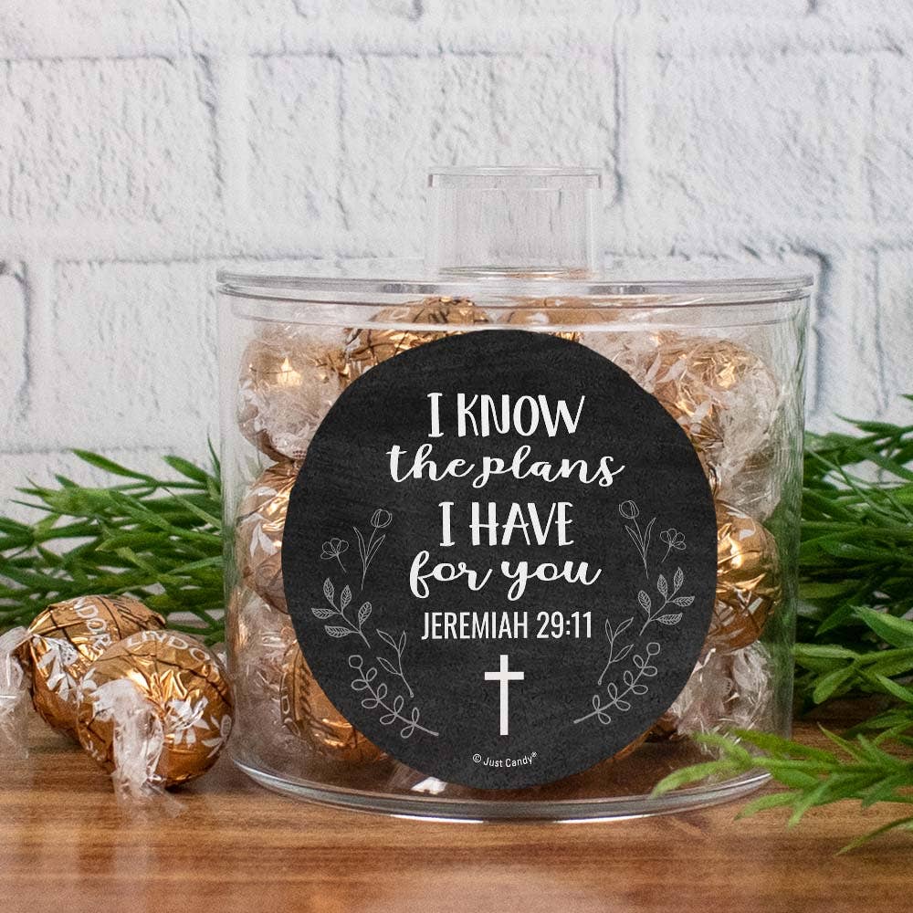 Just Candy - Wholesale Chocolate Covered Sweets - Religious Canister with Gold Fudge Swirl Lindor Truffles - I Know The Plans0