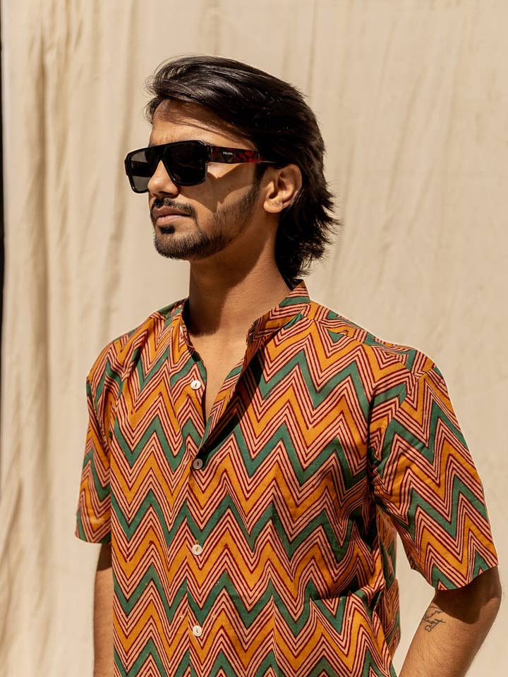 Kaleidoscope Handblock Printed Cotton Shirt for wholesale by Studio Kibun