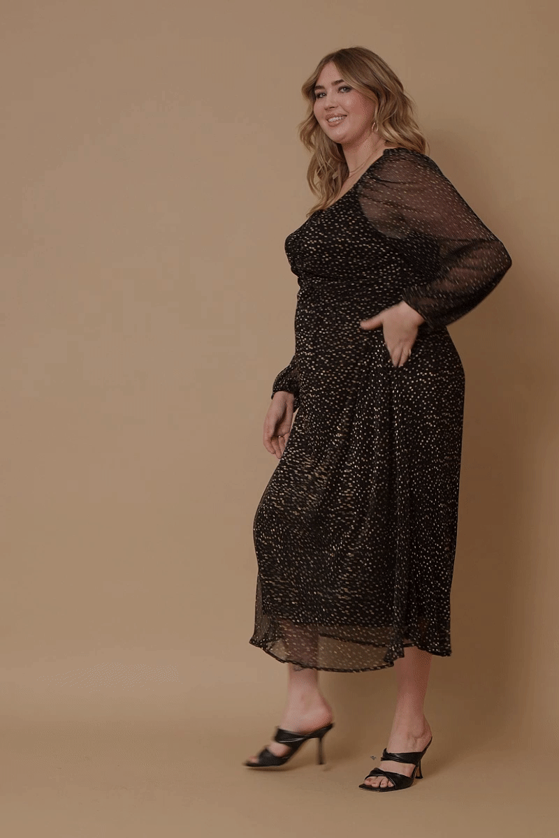 Black Womens Gold Foiled Crinkle Textured Twist Detail Dress for wholesale on Faire5