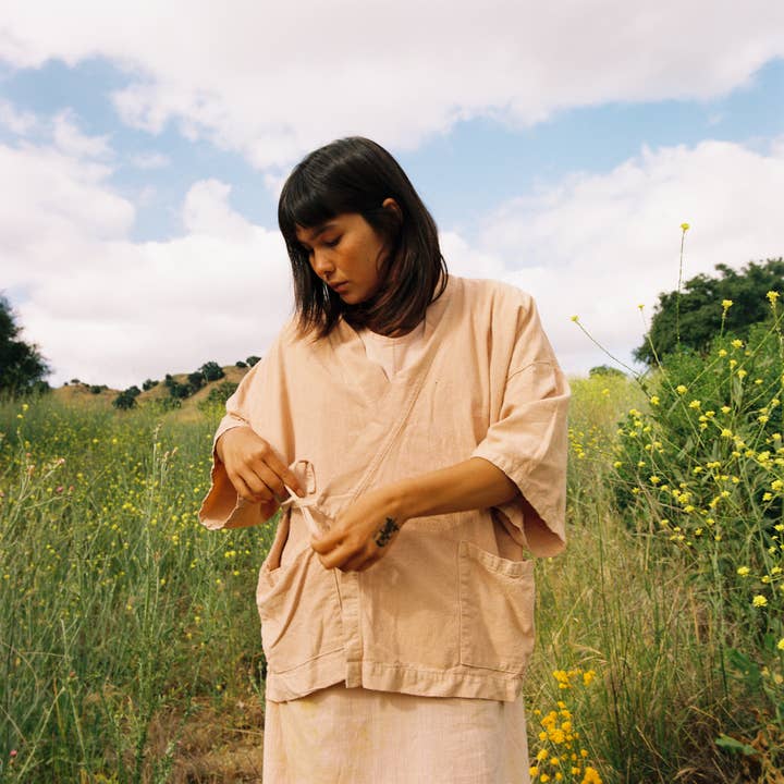 Plant dyed Retreat jacket in Poppy for wholesale by rainbow + yarrow