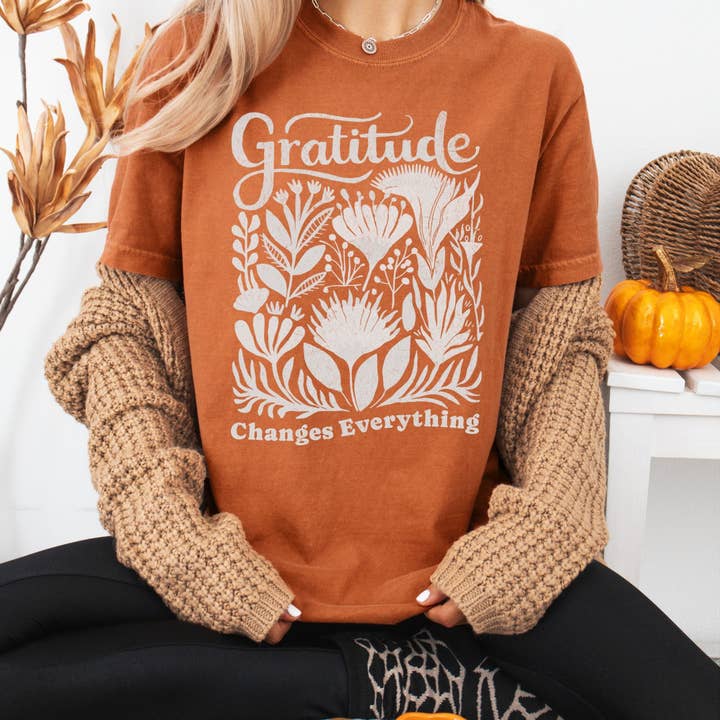 Gratitude Changes Things Fall Graphic Tee - Christian Tee for wholesale by Wholehearted Motherhood and Co.