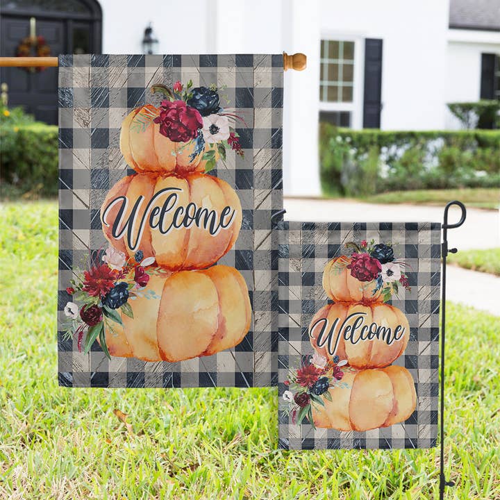 Flags - Fall Plaid Stacked Pumpkins for wholesale by Boutique Monogram