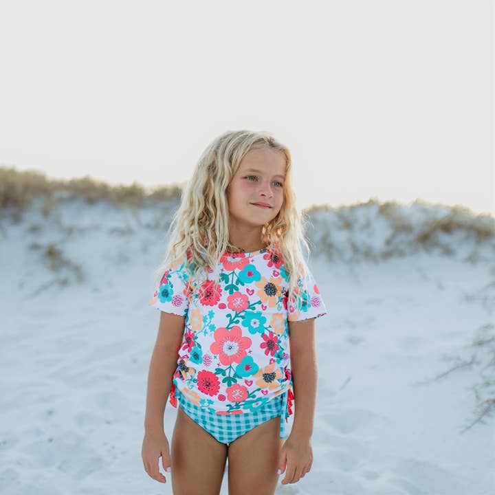 Oopsie Daisy - Wholesale Rashguard Set - Kids - Kids Teal Gingham & Floral Rash Guard Ruffle Swimsuit