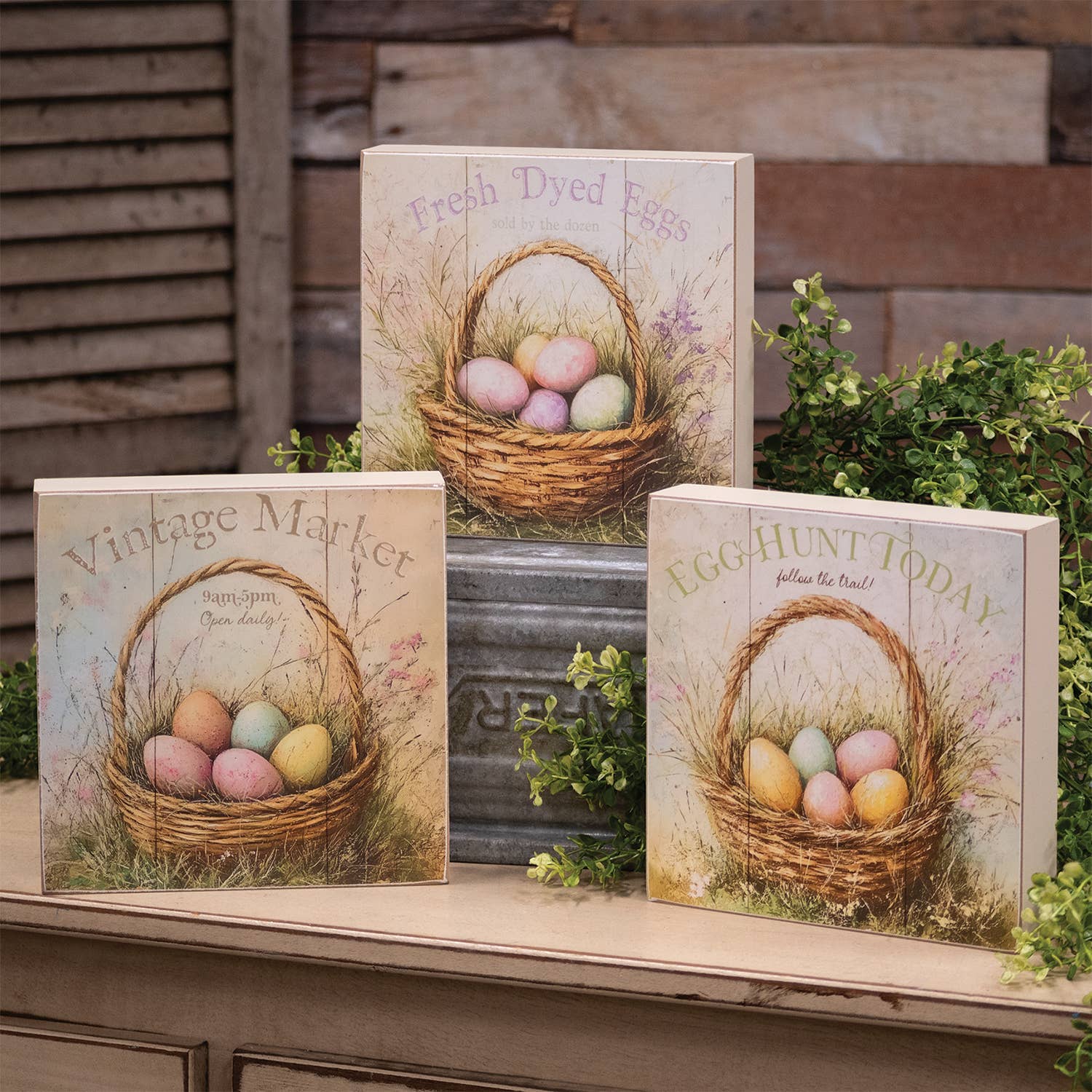 CWI Gifts - Wholesale Decorative Tabletop Object - Vintage Easter Egg Basket Box Sign - 3 Assorted1