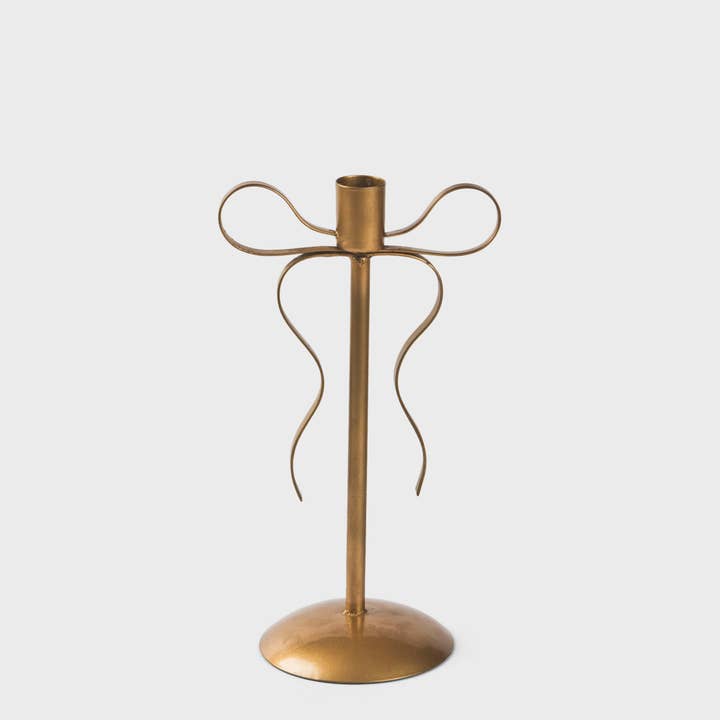 Gold Bow Tapered Candlesticks for wholesale by Mela Artisans