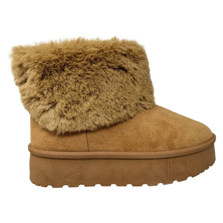 Women's Platform Booties Faux Suede Fur Lining Pull On Cuff Boots Tan Suede for wholesale on Faire