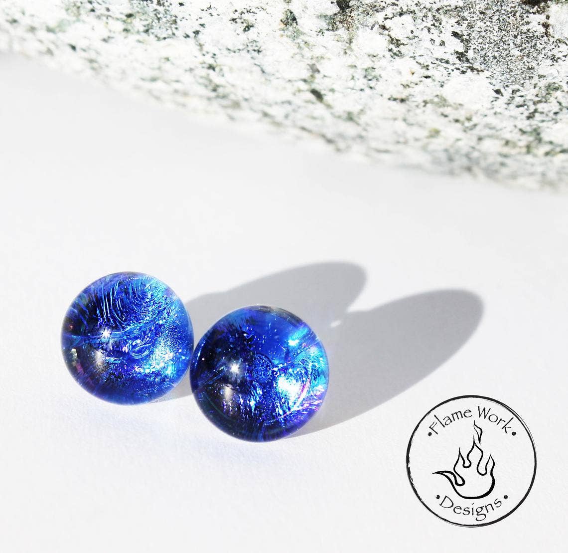 Flame Work Designs - Glass Jewelry - Wholesale Stud/Post Earrings - Dichroic Glass Studs - Cobalt Blue - 9mm1