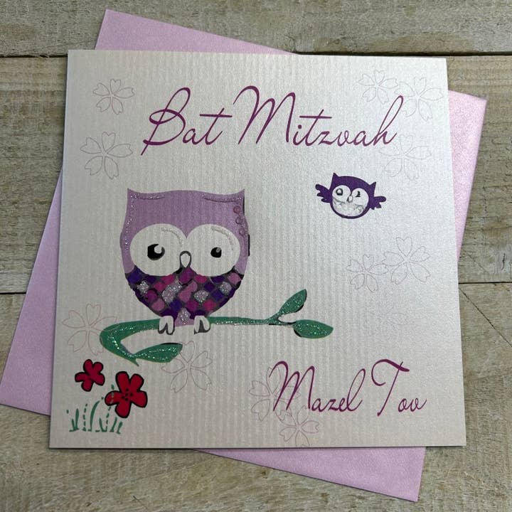 White Cotton Cards - Wholesale Congratulations Card - Bat Mitzvah - Owl (JE140)