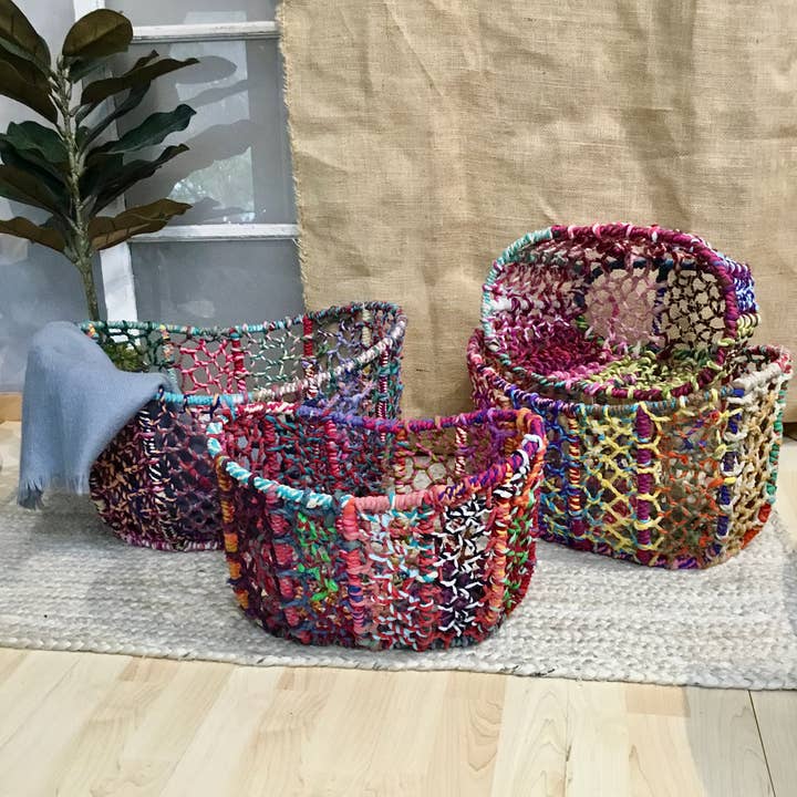 India Handicrafts Inc - Wholesale Basket - Colorful Tall Jute Baskets, Set of 4