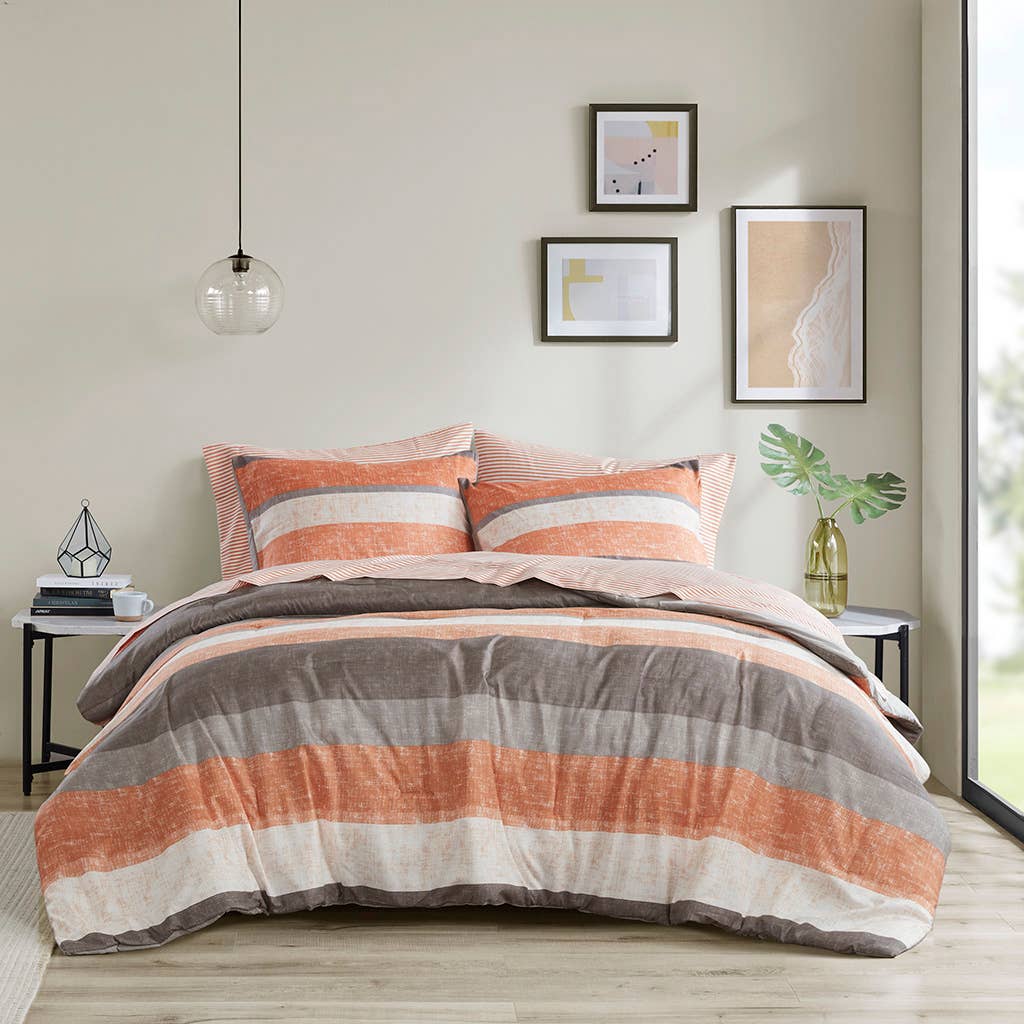Olliix - Wholesale Bedding Set - Stripe Modern Comforter Set with Bed Sheets, Coral/Grey0