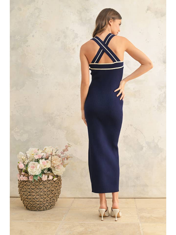 NAVY D4697 BUTTON FRONT CROSS BACK KNITTED DRESS for wholesale on Faire