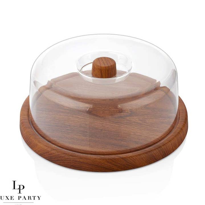 Round 12" Mahogany Heavy Plastic Serving Tray with Plastic Cover | 12" x4" for wholesale by Luxe Party