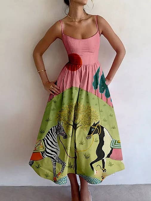 Rosa Clothing - Wholesale Dress - Women's - Vintage Puzzle & Sardine Print Sling Dress