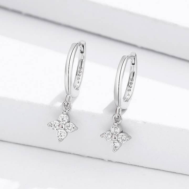 Perimade & Co. LLC - Wholesale Dangle Earrings - Four-Petal Flower Drop Hoop Earrings in 925 Sterling Silver