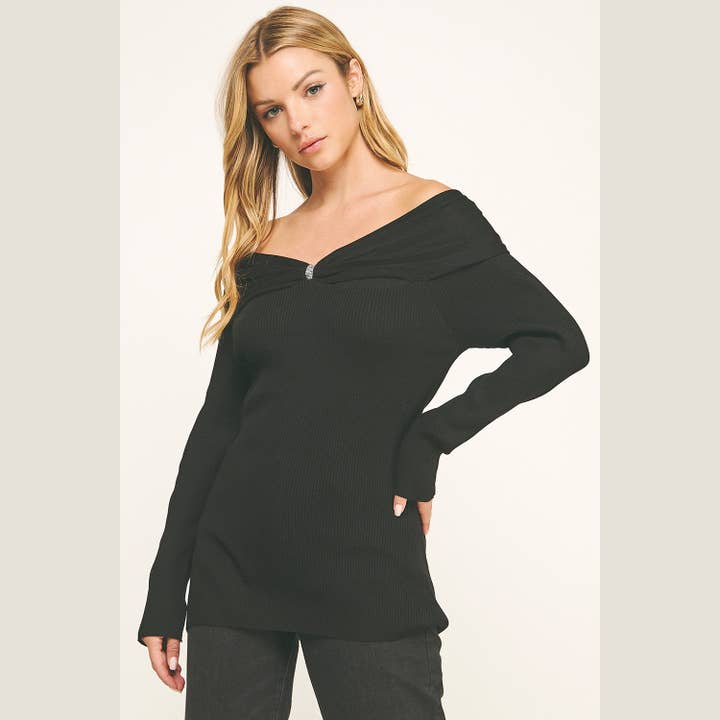 Black GLAM BOW ZIP-OFF SHOULDER BOW RIBBED KNIT TOP for wholesale on Faire9