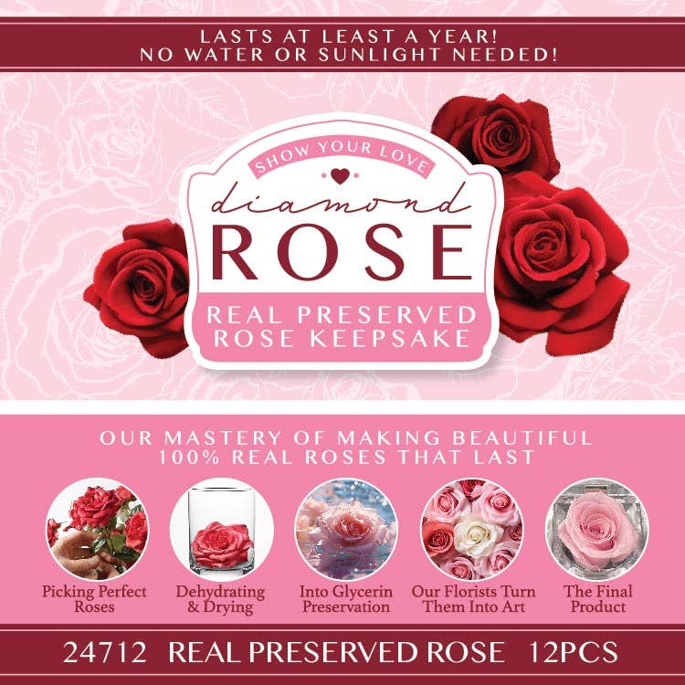Novelty Closeout - Wholesale Dried/Pressed Flowers - Valentine's Day Preserved Rose Keepsake Assortment- 12/Pack2